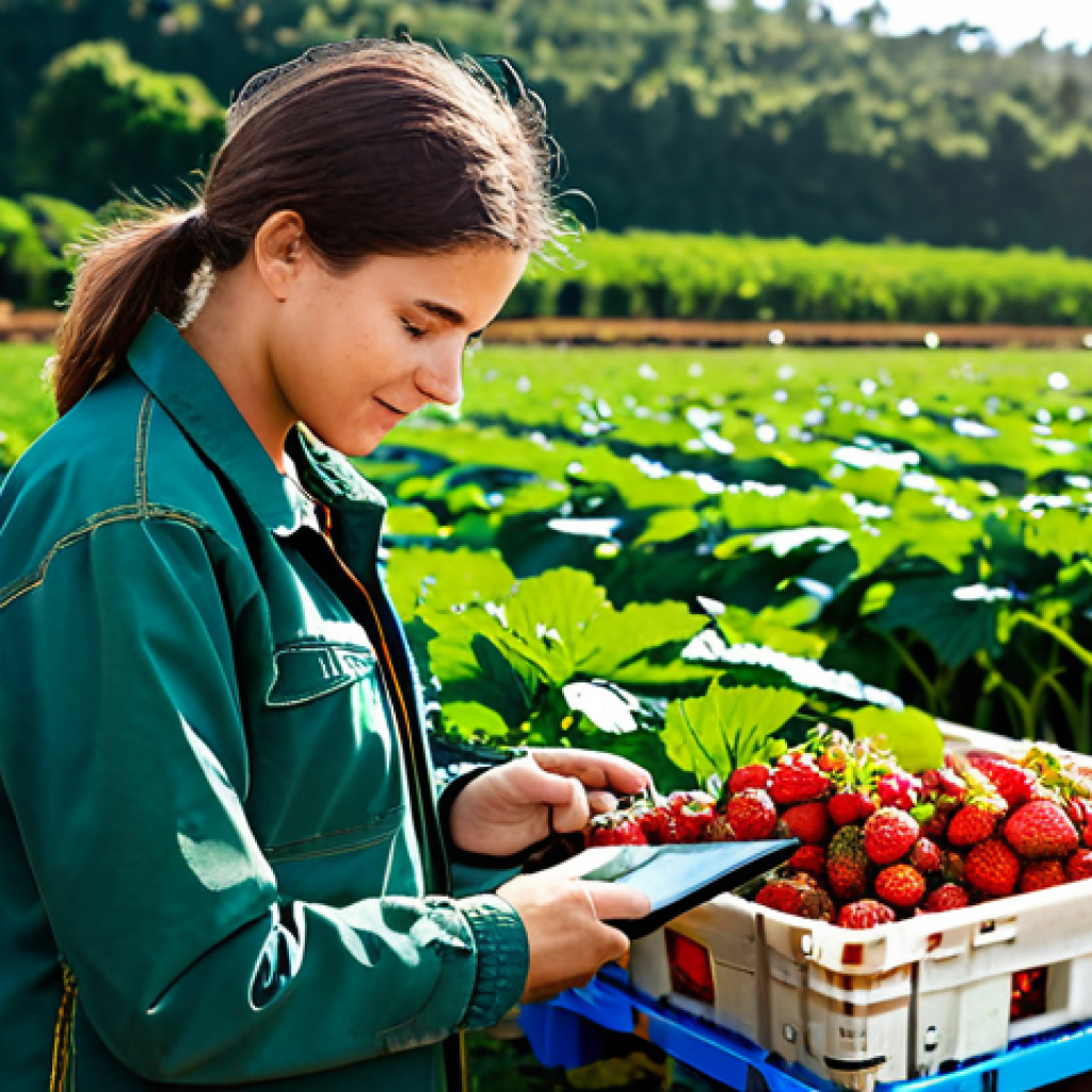 A female professional agricultural quality inspector, dressed in a modest field jacket, practical trousers, and sturdy boots, is meticulously examining fresh produce in a vibrant, sunlit strawberry field on a modern Brazilian farm. She holds a tablet, scanning a QR code on a crate of berries, symbolizing traceability and dedication to food safety. The setting highlights lush green plants and healthy, ripe strawberries. This scene captures the essence of a diligent professional ensuring high standards from farm to table. safe for work, appropriate content, fully clothed, professional, perfect anatomy, correct proportions, natural pose, well-formed hands, proper finger count, natural body proportions, professional photography, high quality.