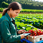 A female professional agricultural quality inspector, dressed in a modest field jacket, practical trousers, and sturdy boots, is meticulously examining fresh produce in a vibrant, sunlit strawberry field on a modern Brazilian farm. She holds a tablet, scanning a QR code on a crate of berries, symbolizing traceability and dedication to food safety. The setting highlights lush green plants and healthy, ripe strawberries. This scene captures the essence of a diligent professional ensuring high standards from farm to table. safe for work, appropriate content, fully clothed, professional, perfect anatomy, correct proportions, natural pose, well-formed hands, proper finger count, natural body proportions, professional photography, high quality.