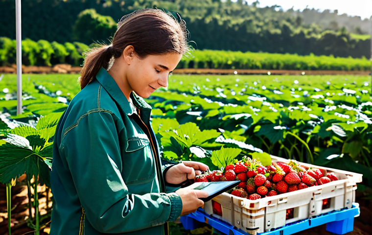 A female professional agricultural quality inspector, dressed in a modest field jacket, practical trousers, and sturdy boots, is meticulously examining fresh produce in a vibrant, sunlit strawberry field on a modern Brazilian farm. She holds a tablet, scanning a QR code on a crate of berries, symbolizing traceability and dedication to food safety. The setting highlights lush green plants and healthy, ripe strawberries. This scene captures the essence of a diligent professional ensuring high standards from farm to table. safe for work, appropriate content, fully clothed, professional, perfect anatomy, correct proportions, natural pose, well-formed hands, proper finger count, natural body proportions, professional photography, high quality.