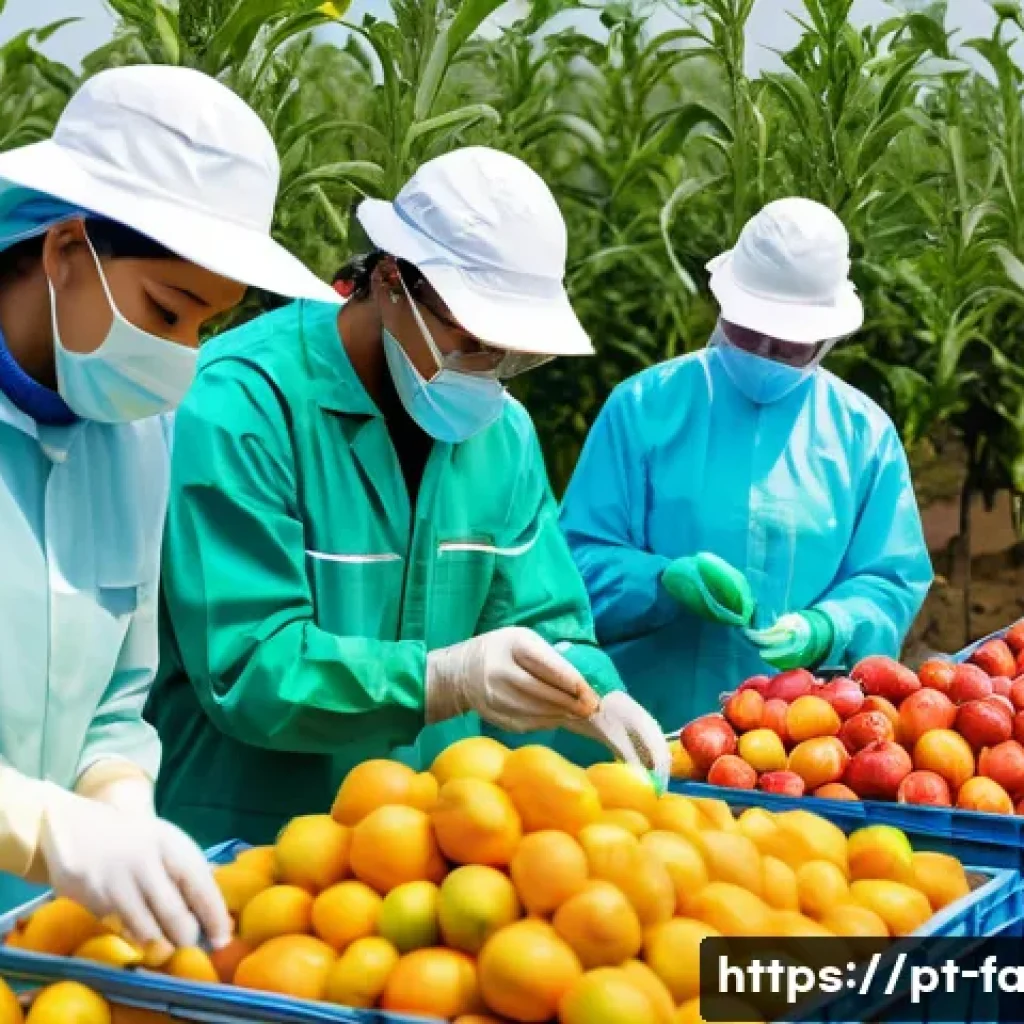 농산물품질관리사 직무별 평균 업무량 - A detailed agricultural quality control scene featuring a diverse team of professionals inspecting a...