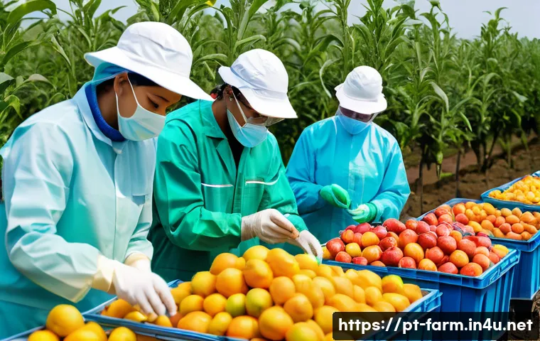 농산물품질관리사 직무별 평균 업무량 - A detailed agricultural quality control scene featuring a diverse team of professionals inspecting a...