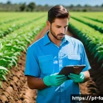 Home 17 농산물품질관리사 관련 학과 선택 요령 - A professional agricultural quality control specialist inspecting vibrant green crops in a large Bra...