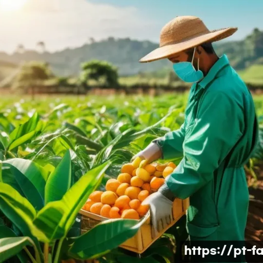 농산물품질관리사 업무 중 빈번한 질문과 답변 - A detailed agricultural scene showing a farmer in a sunlit field carefully harvesting ripe tropical ...