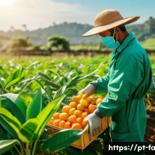 Home 28 농산물품질관리사 업무 중 빈번한 질문과 답변 - A detailed agricultural scene showing a farmer in a sunlit field carefully harvesting ripe tropical ...