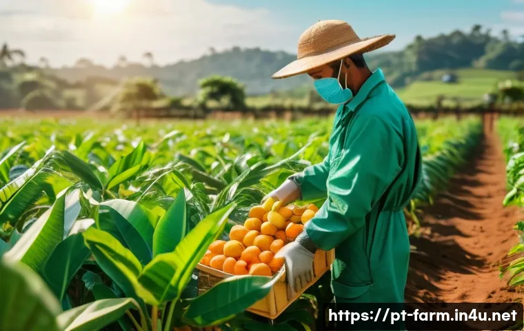 농산물품질관리사 업무 중 빈번한 질문과 답변 - A detailed agricultural scene showing a farmer in a sunlit field carefully harvesting ripe tropical ...